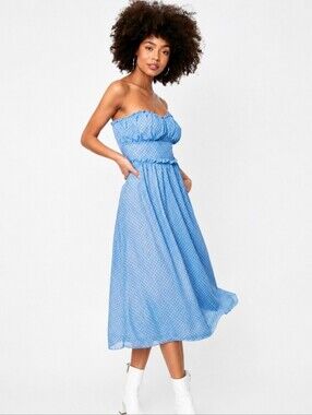 Nasty Gal Blue Polka Dot Strapless Dress Flowy Ruffle Chiffon Summer Midi Size 8